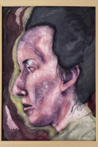 Visage de profil au fond vert clair et rouge sombre